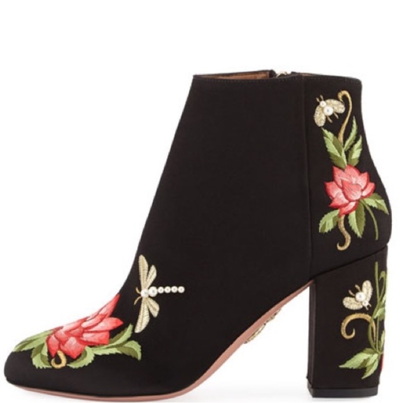 Aquazurra Lotus Satin Floral Embroidered Booties - Picture 2 of 12